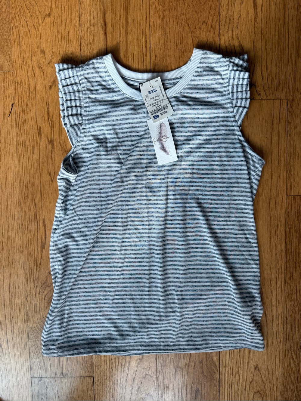 Jessica Simpson Gray Striped Ruffle Sleeve Tank Top